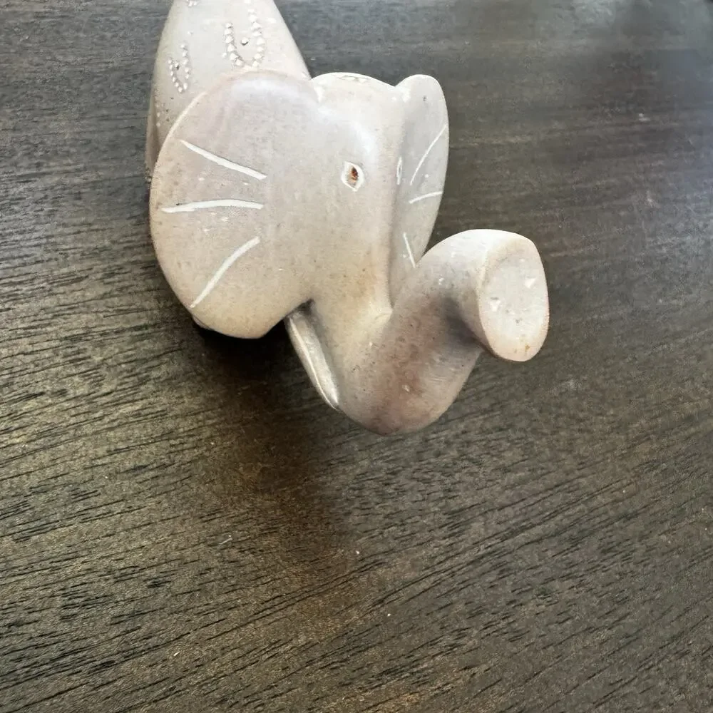 Vintage Hand Carved Soapstone Elephant Figurine Lucky Trunk Up Primitive Etched